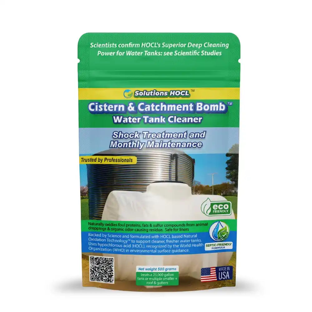 Cistern & Catchment Bomb Shock & Montlhly water tank cleaner packaging on a white background