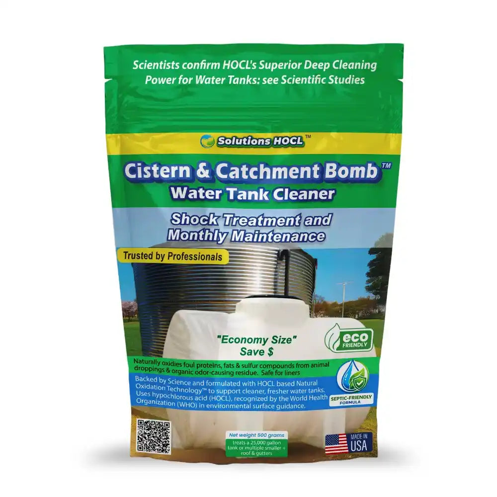 Cistern & Catchment Bomb water tank cleaner shock & montlhly 500g packaging on a white background