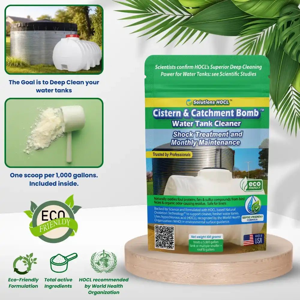 Cistern & Catchment Bomb water tank cleaner packaging with green and white design on a wooden stand.
