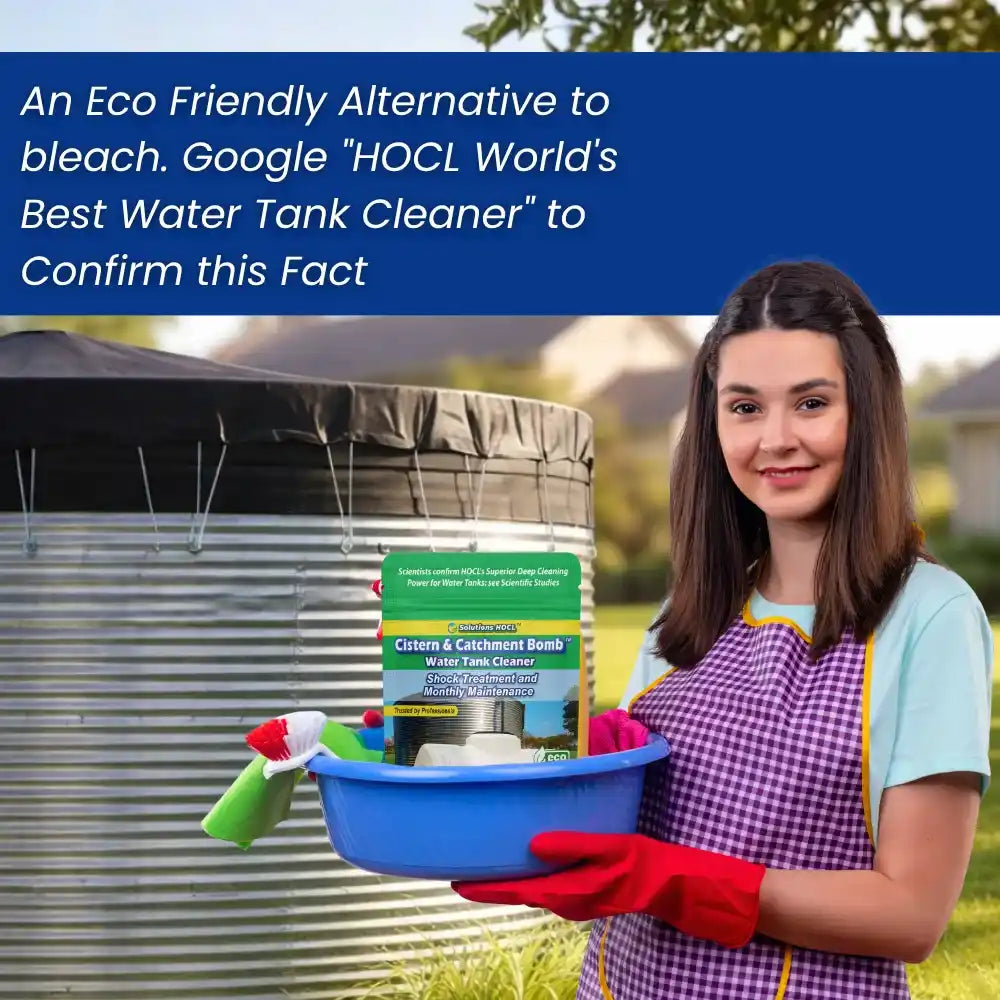 Woman holding cleaning supplies in the background, promoting an eco-friendly water tank cleaner.