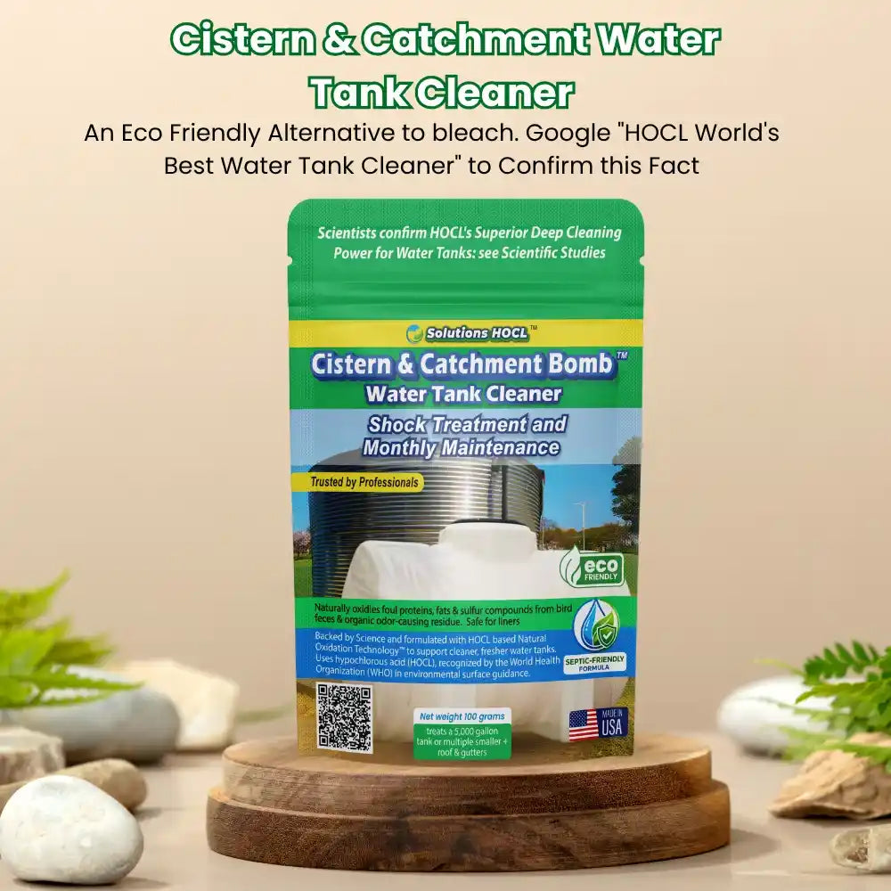 Cistern & Catchment Water Tank Cleaner packaging on a wooden stand with a natural background
