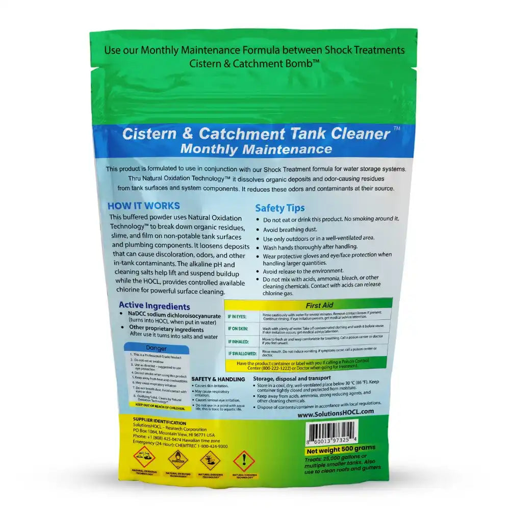 Cistern & Catchment Tank Cleaner packaging with text and safety information on a white background