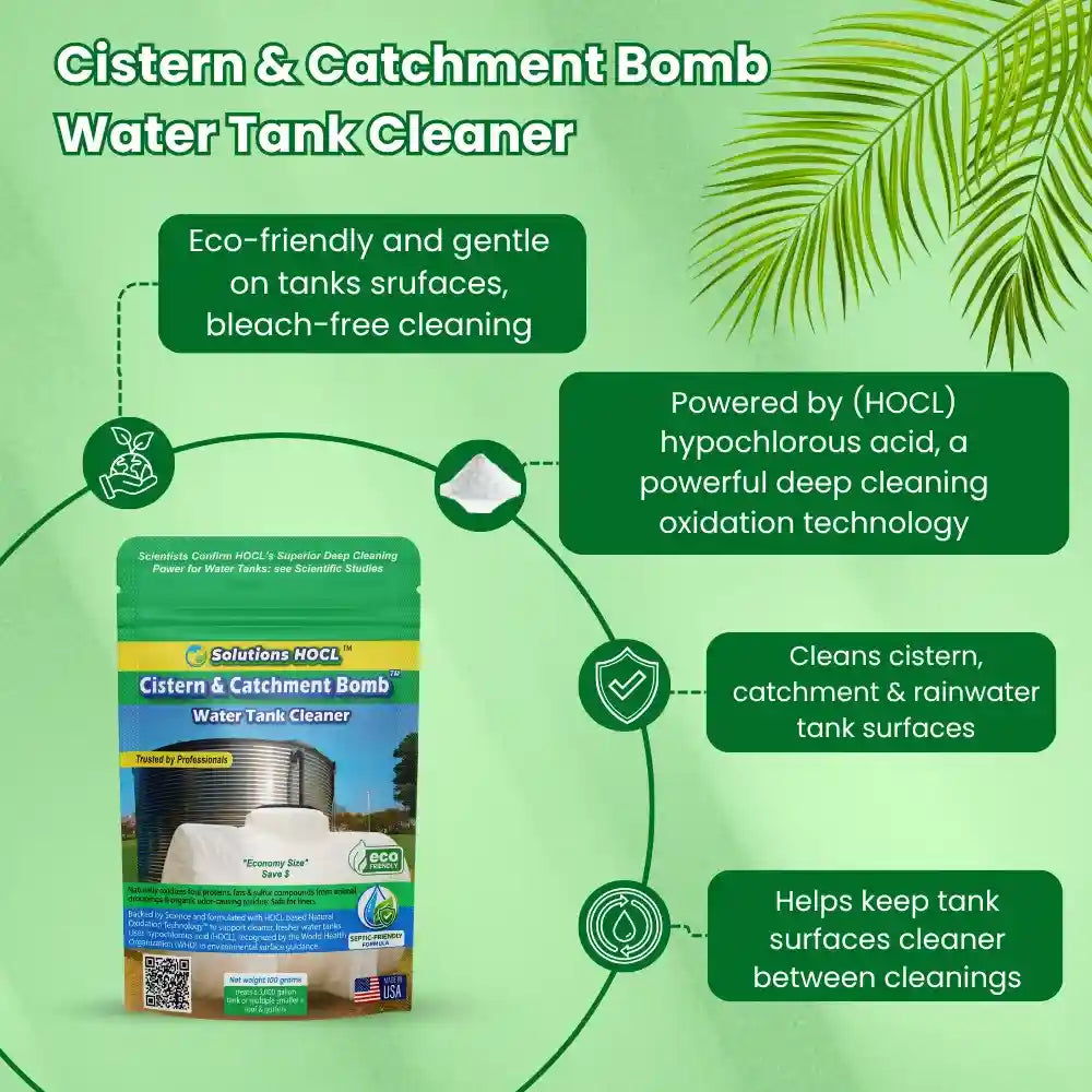 Cistern & Catchment Bomb Water Tank Cleaner packaging with green background and leaf design.