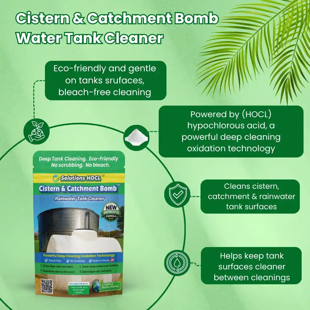 Cistern & Catchment Bomb Water Tank Cleaner packaging with green background and leaf design.