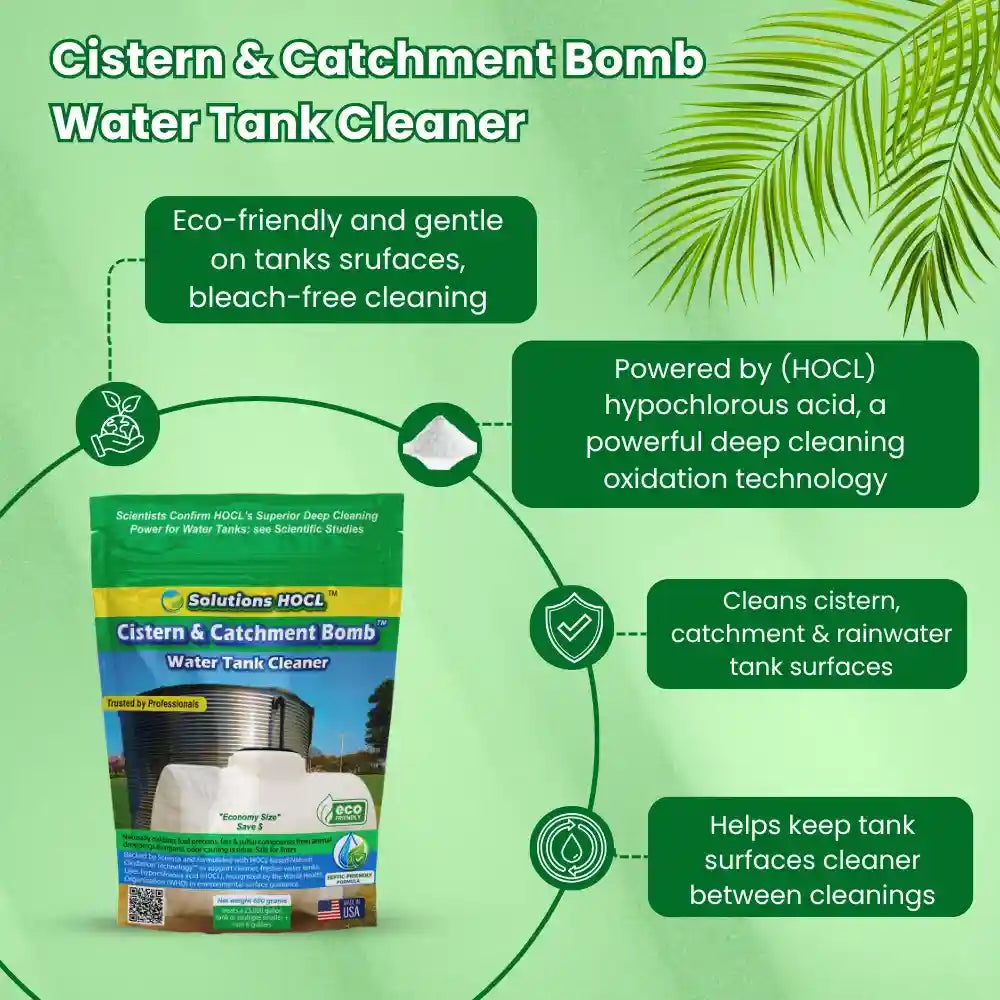 Cistern & Catchment Bomb Water Tank Cleaner packaging with green background and leaf design.