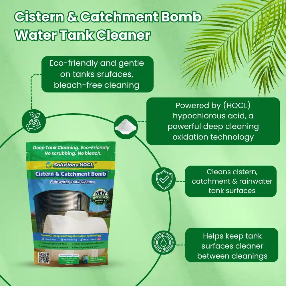 Cistern & Catchment Bomb Water Tank Cleaner packaging with green background and leaf design.
