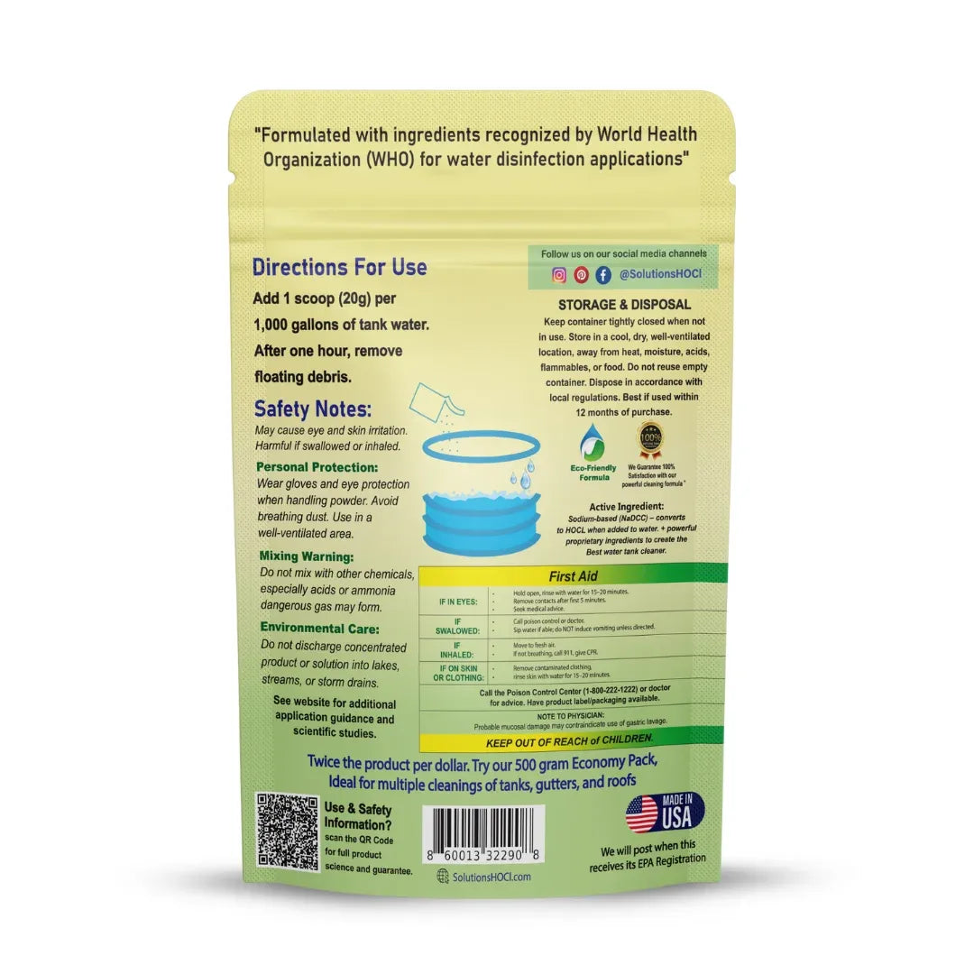 Cistern and Catchment 100g package of Solutions HOCL cleaning powder with text