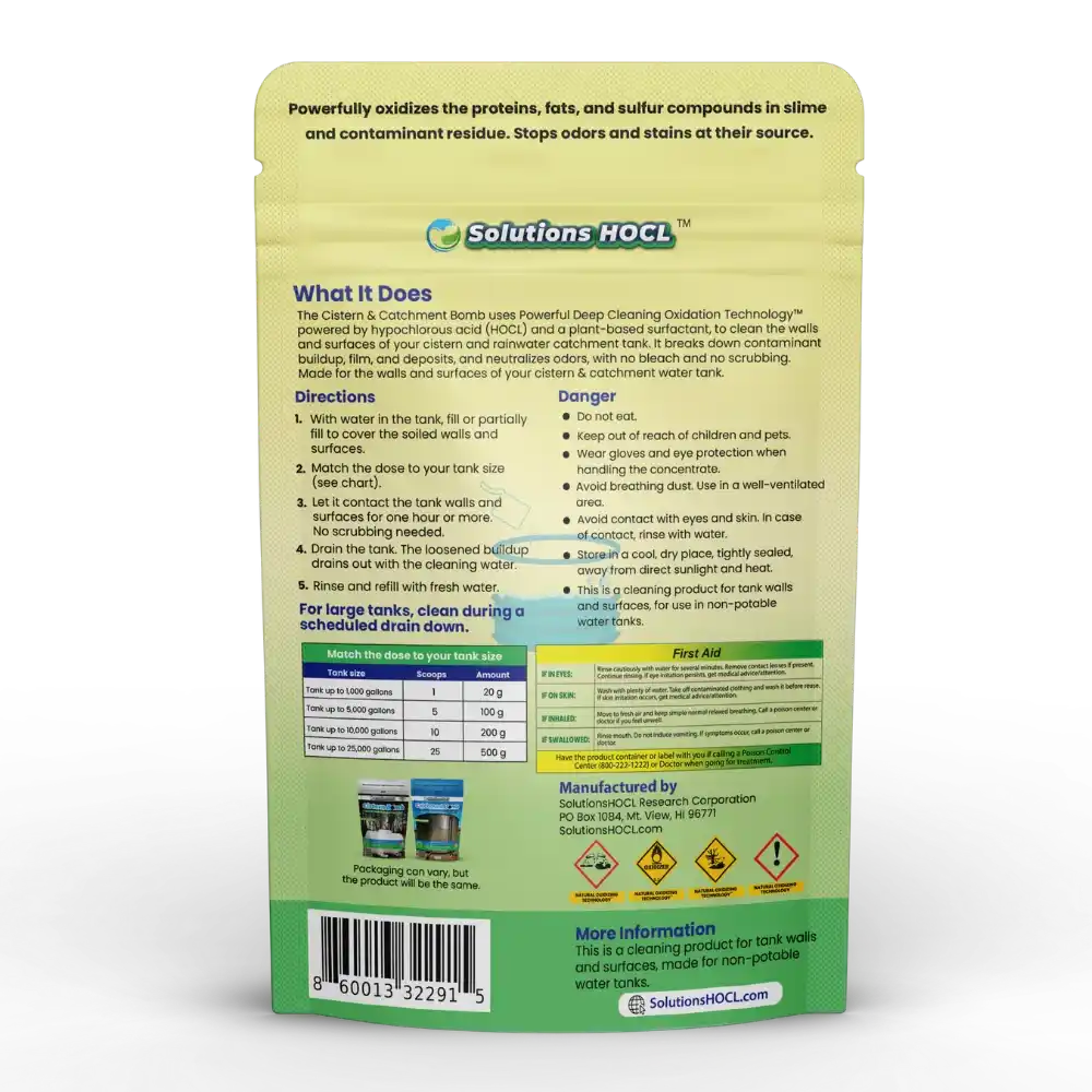 Cistern and Catchment 100g package of Solutions HOCL cleaning powder with text