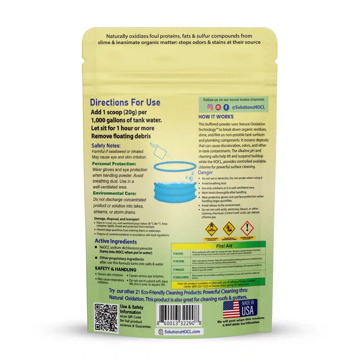 Cistern and Catchment 100g package of Solutions HOCL cleaning powder with text