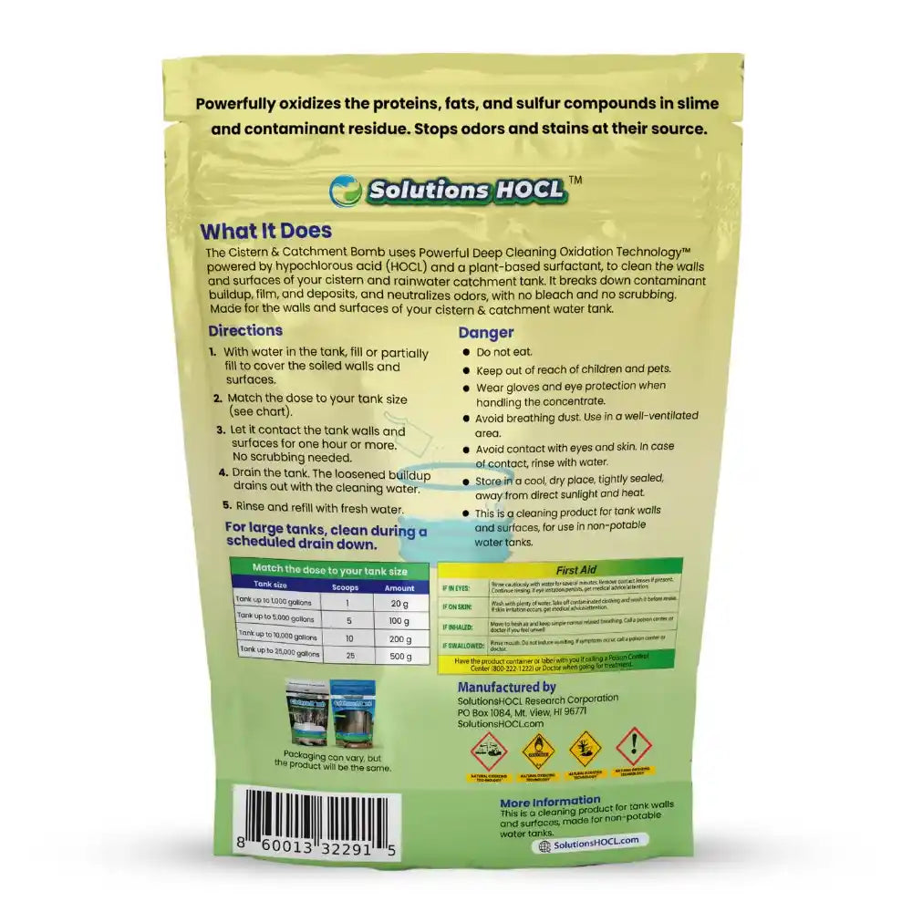 Cistern and Catchment package of Solutions HOCL cleaning powder with text