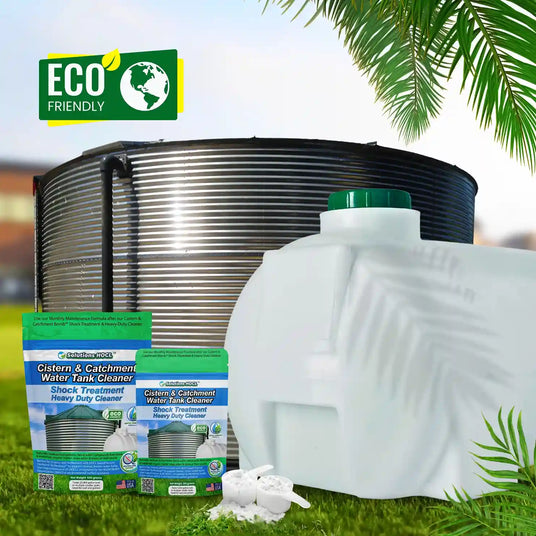 Water tank cleaning products with a cistern and catchment system on a grassy background.