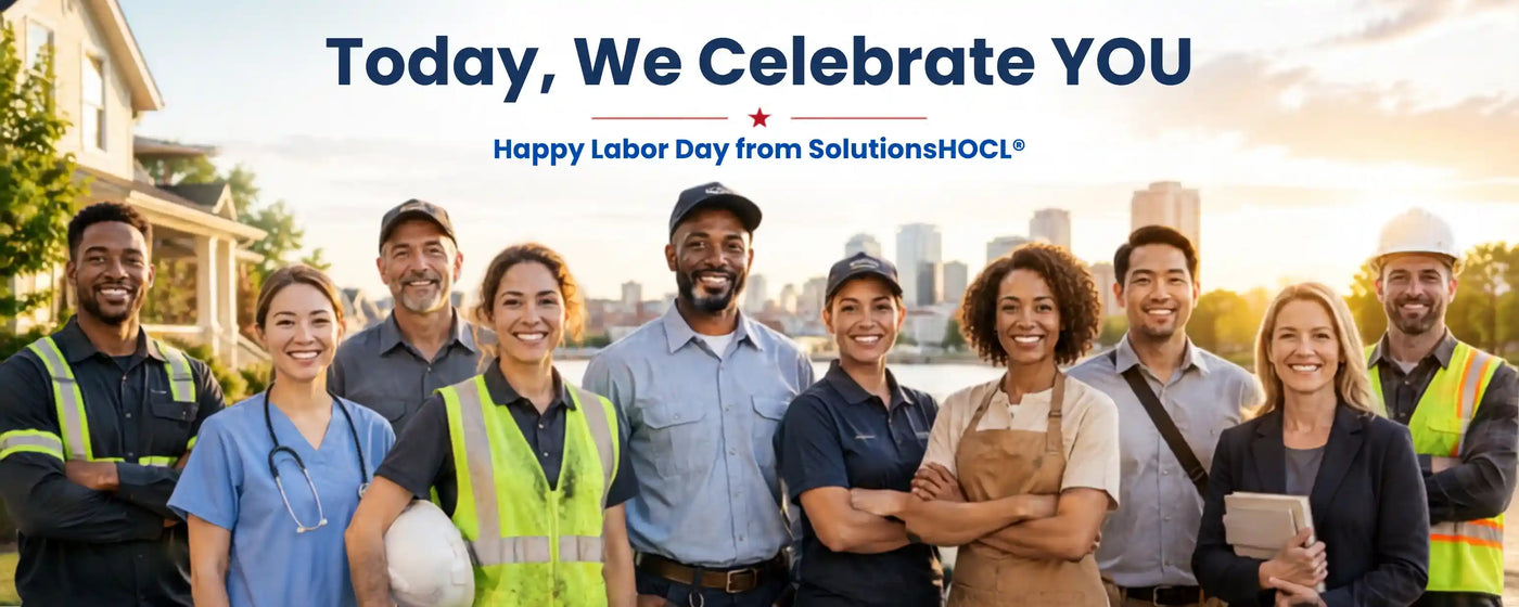 A group of smiling construction and healthcare workers standing outdoors in front of a city skyline at sunset, with the text 'Today, We Celebrate YOU' and 'Happy Labor Day from SolutionsNOCL*' across the top.
