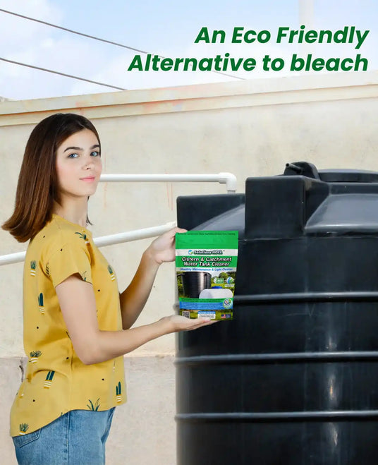 Person holding a box of eco-friendly cleaning product next to a large black container