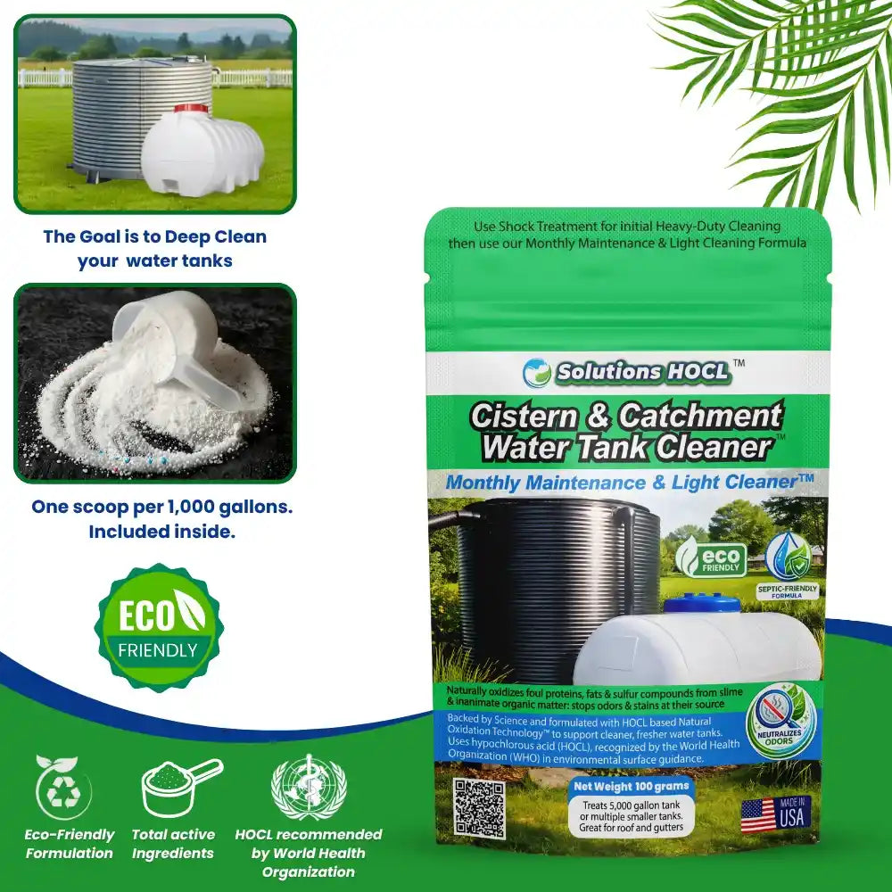 Cistern and catchment water tank cleaner with text of water tanks and cleaning process.