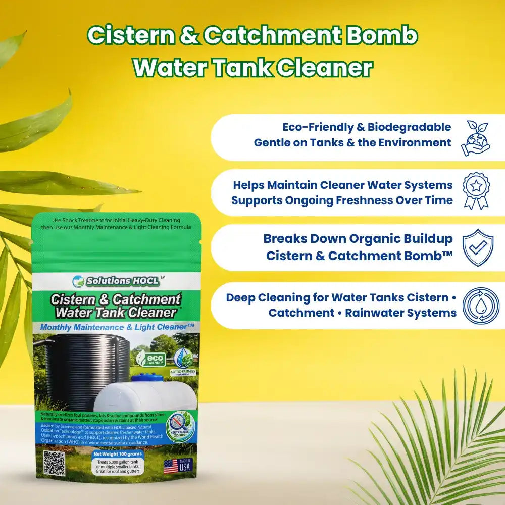 Cistern & Catchment Bomb Water Tank Cleaner packaging on a yellow background.