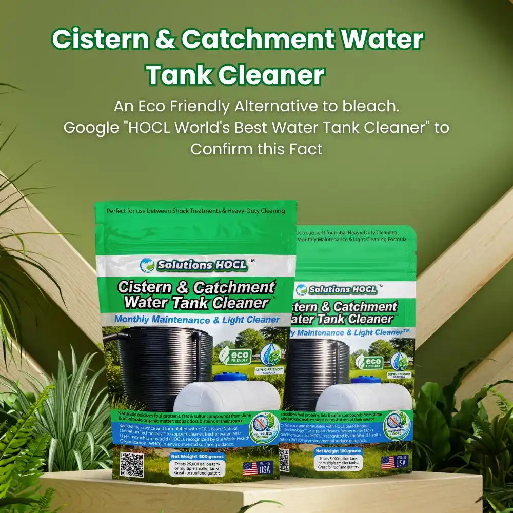 Cistern & Catchment Water Tank Cleaner packaging with green background and plants.