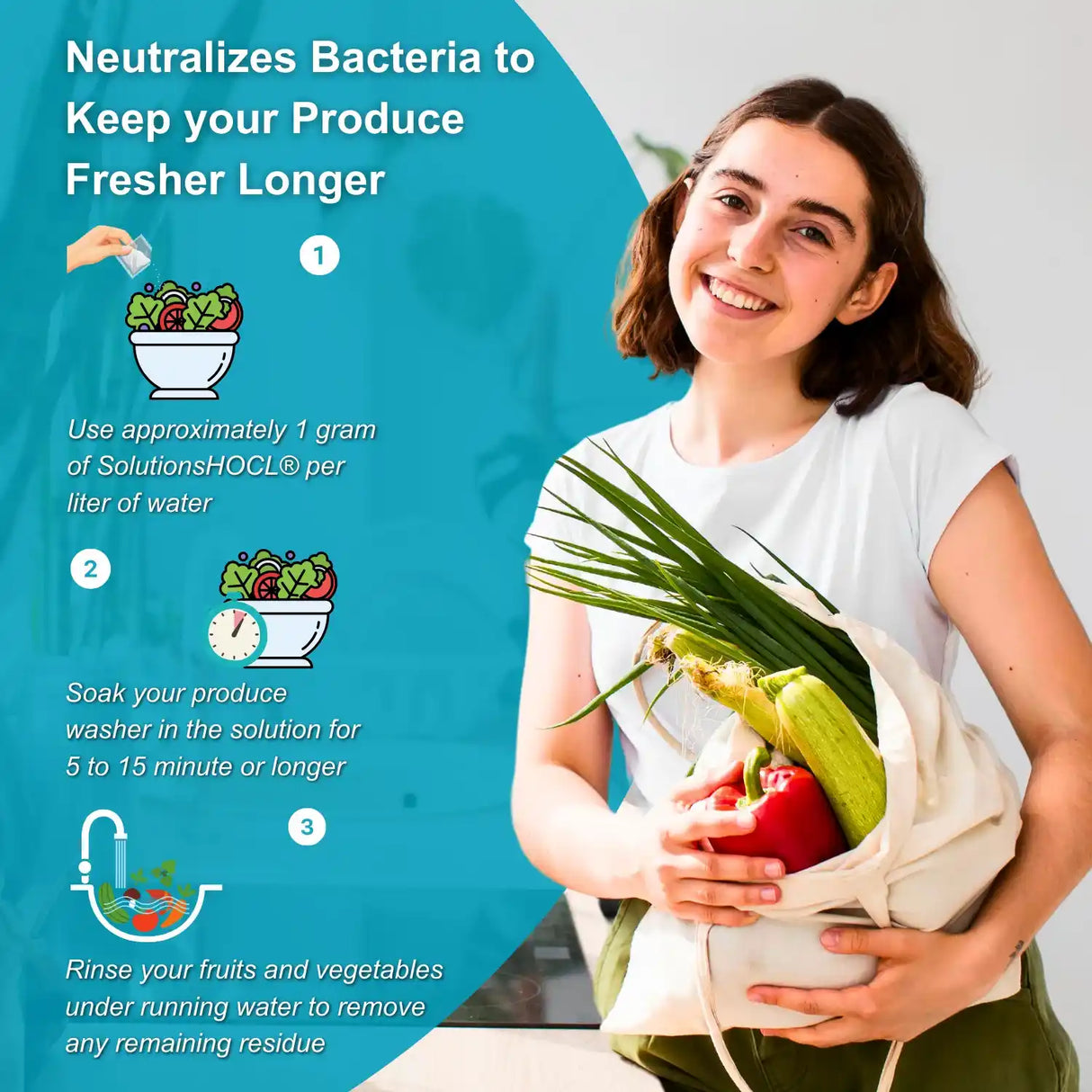 Woman holding a bag of vegetables with instructions on using a solution to keep produce fresher longer.