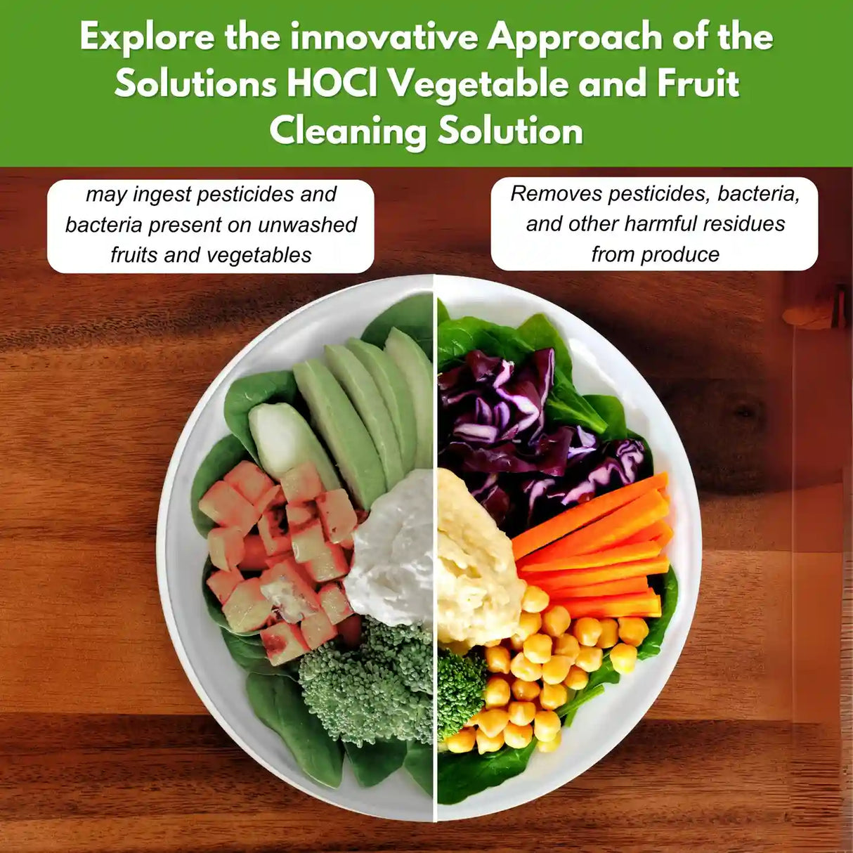 Comparison of uncleaned and cleaned vegetables on a plate with text about HOCI vegetable and fruit cleaning solution.