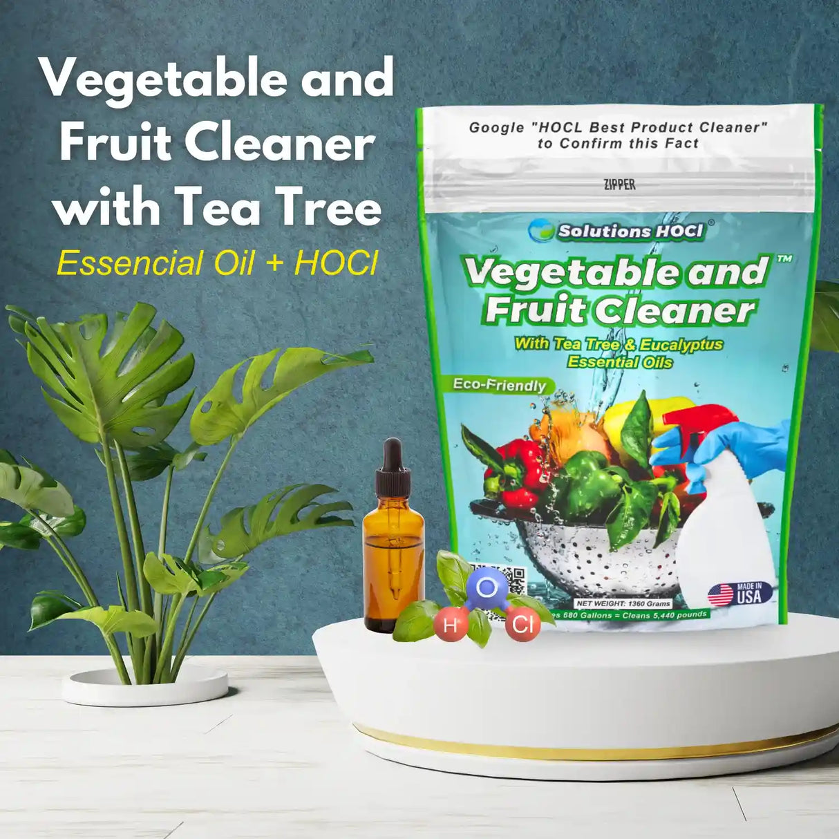 Vegetable and Fruit Cleaner with Tea Tree Essential Oil and HOCI on a white surface with a plant in the background.