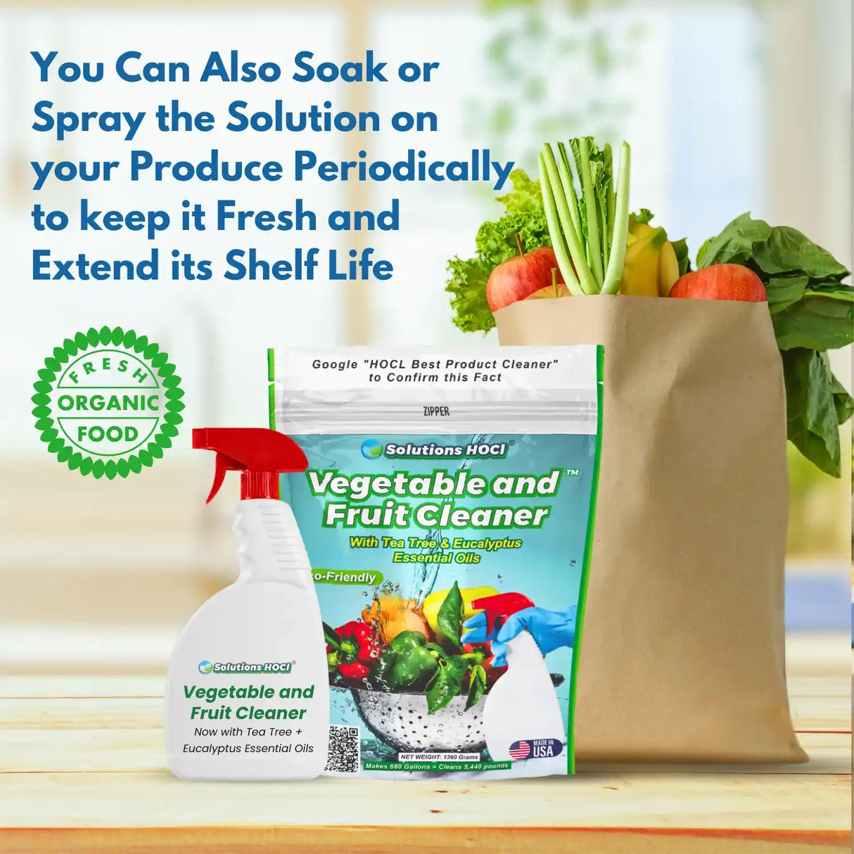 Vegetable and Fruit Cleaner with a spray bottle and produce on a wooden surface