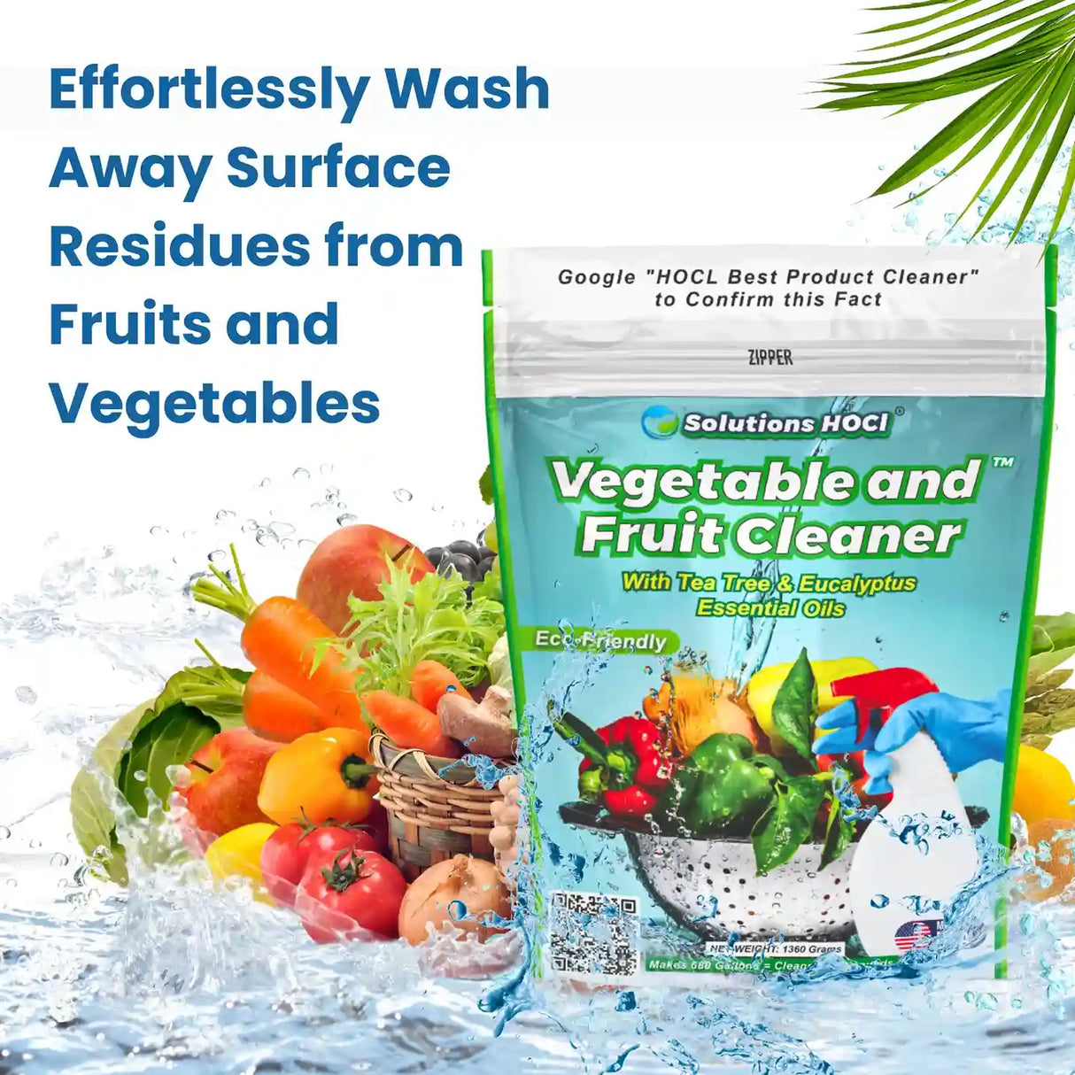 Package of Vegetable and Fruit Cleaner with fruits and vegetables in the background
