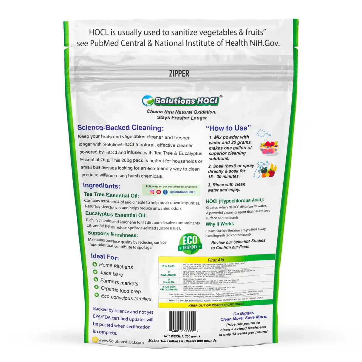 Package of HOCL powder with cleaning instructions and product details on a white background