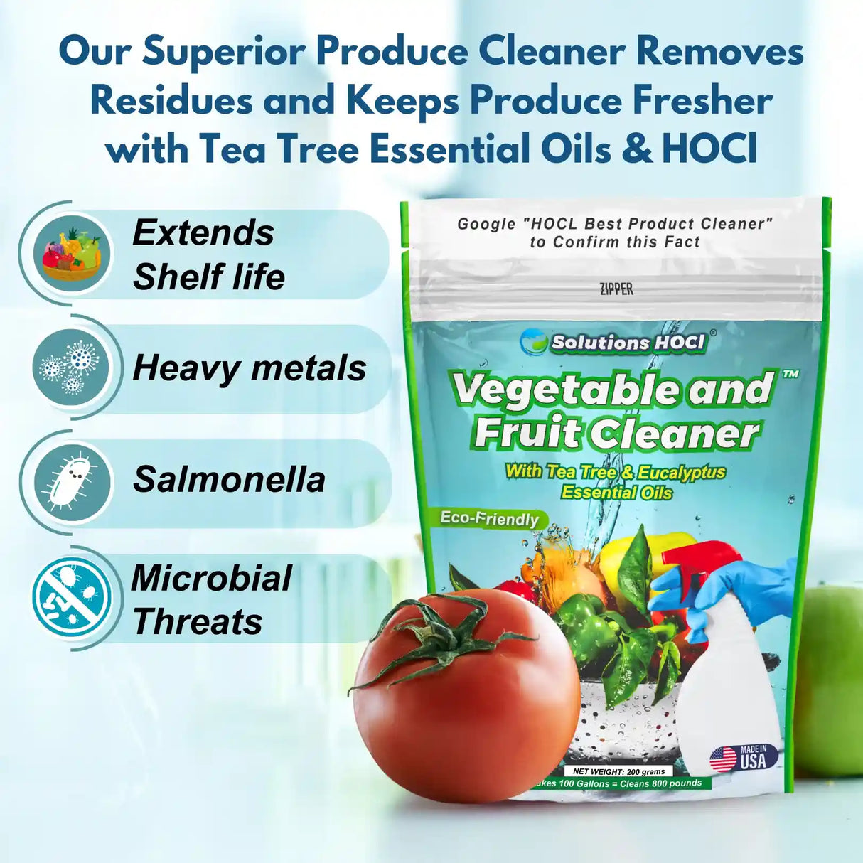 Product cleaner packaging with text highlighting benefits and a tomato in the foreground.