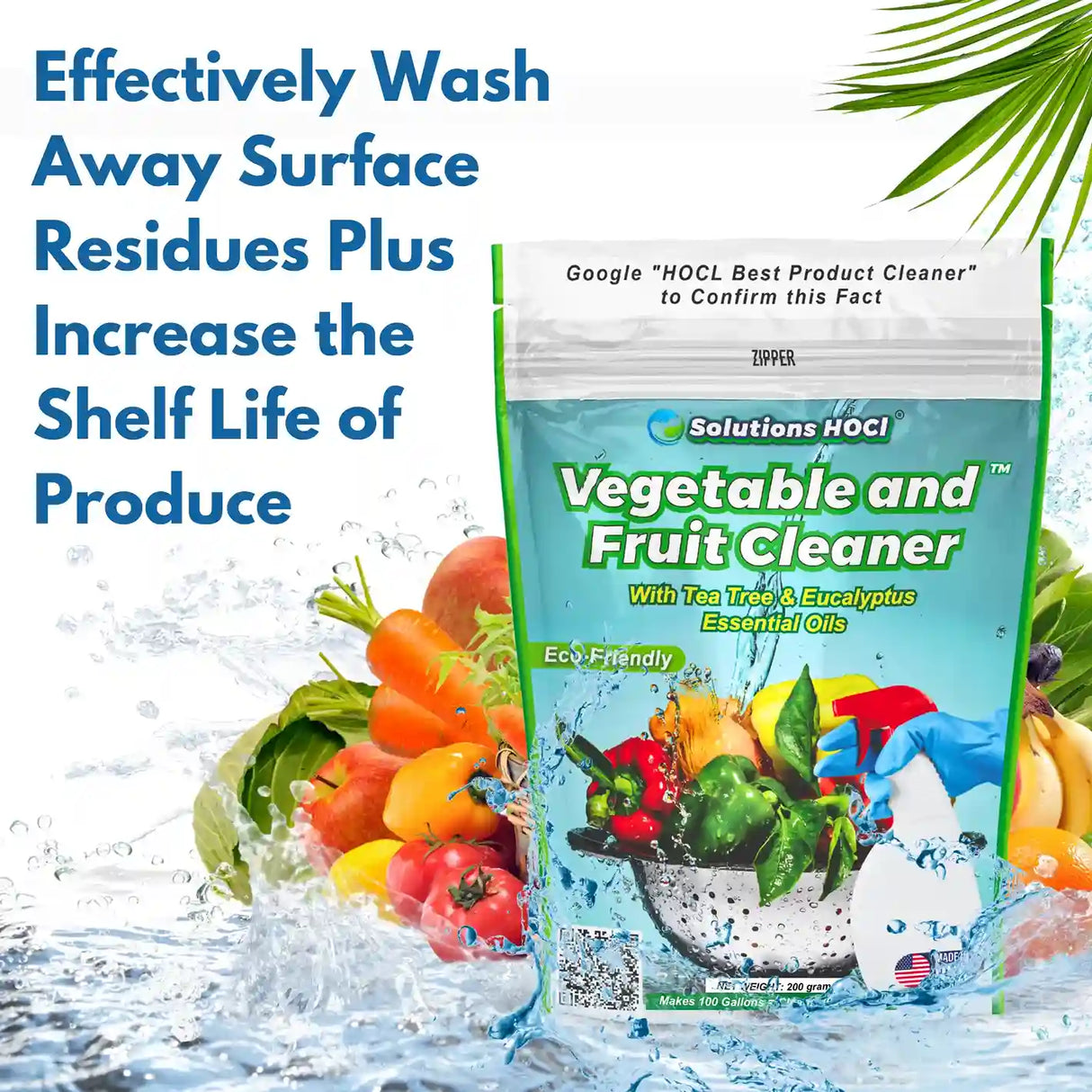 Vegetable and fruit cleaner package with text about cleaning and increasing shelf life of produce.