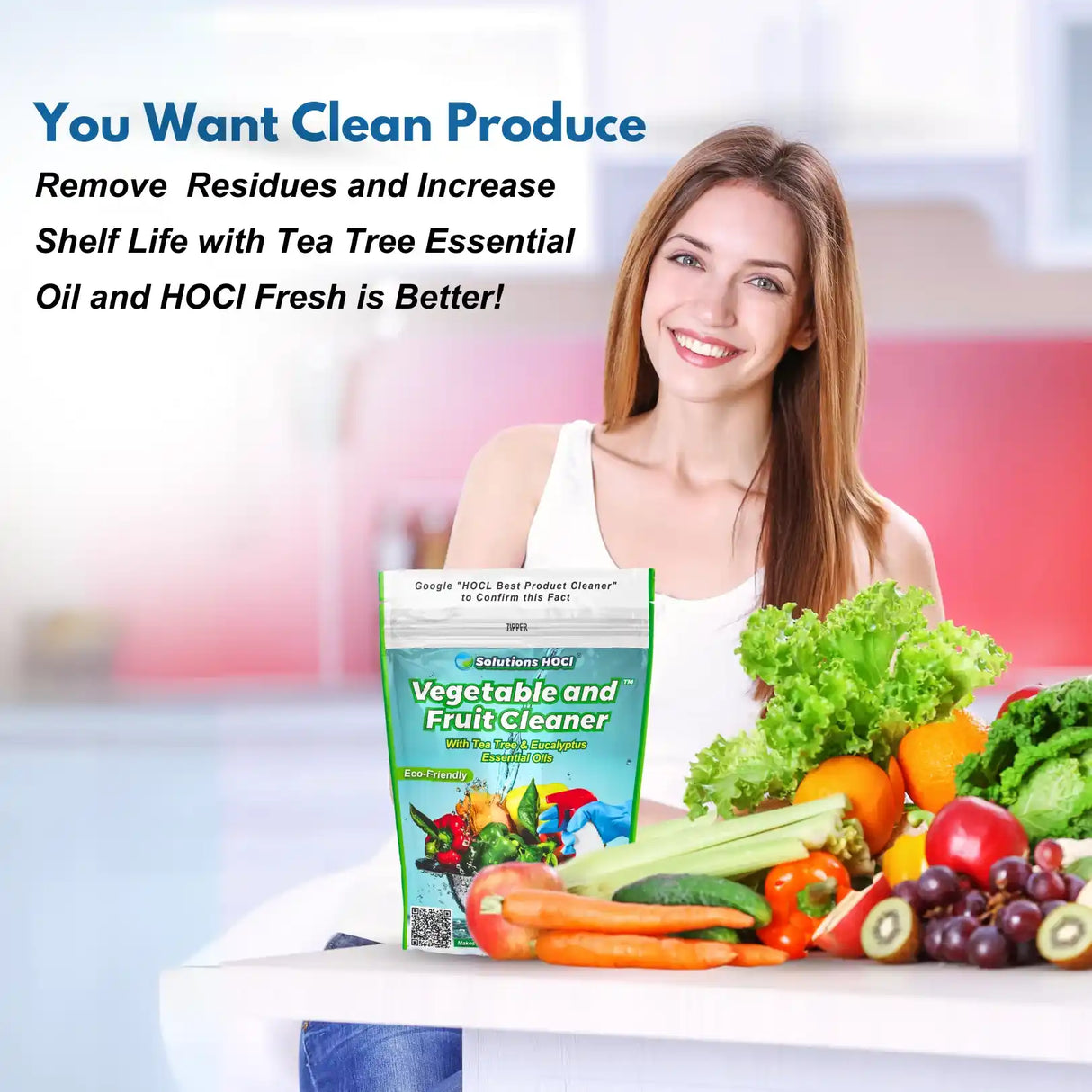 Woman with vegetables and a package of vegetable and fruit cleaner, promoting tea tree essential oil and HOCI.