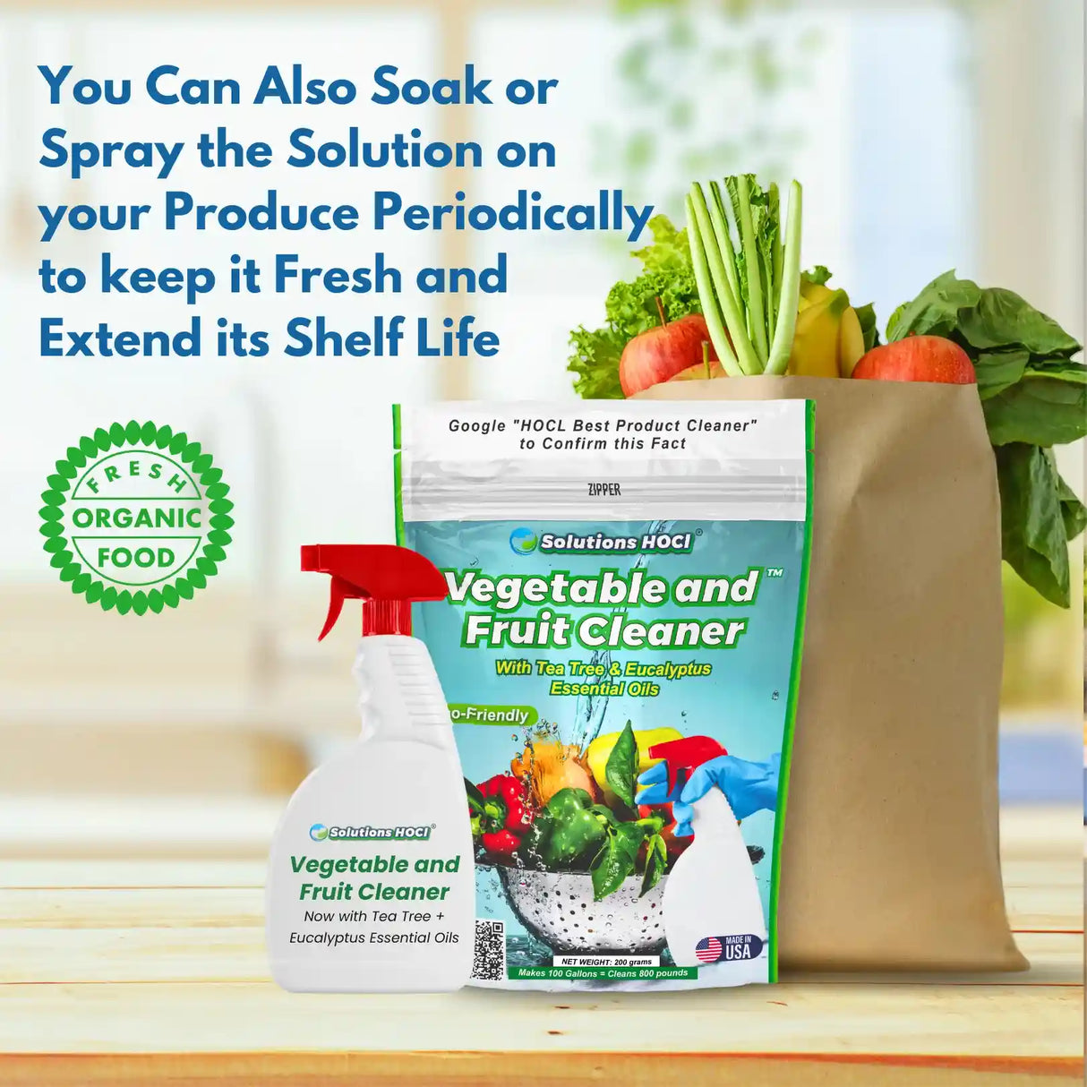 Vegetable and Fruit Cleaner with packaging and fresh produce on a wooden surface
