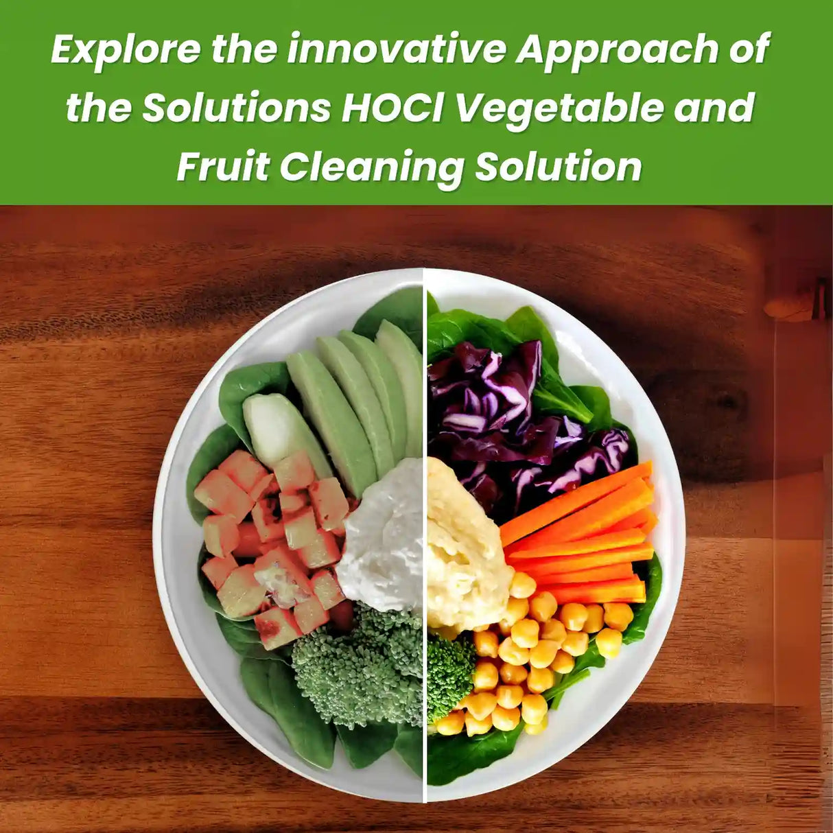 Plate of chopped vegetables on a wooden table with promotional text about HOCI Vegetable and Fruit Cleaning Solution.