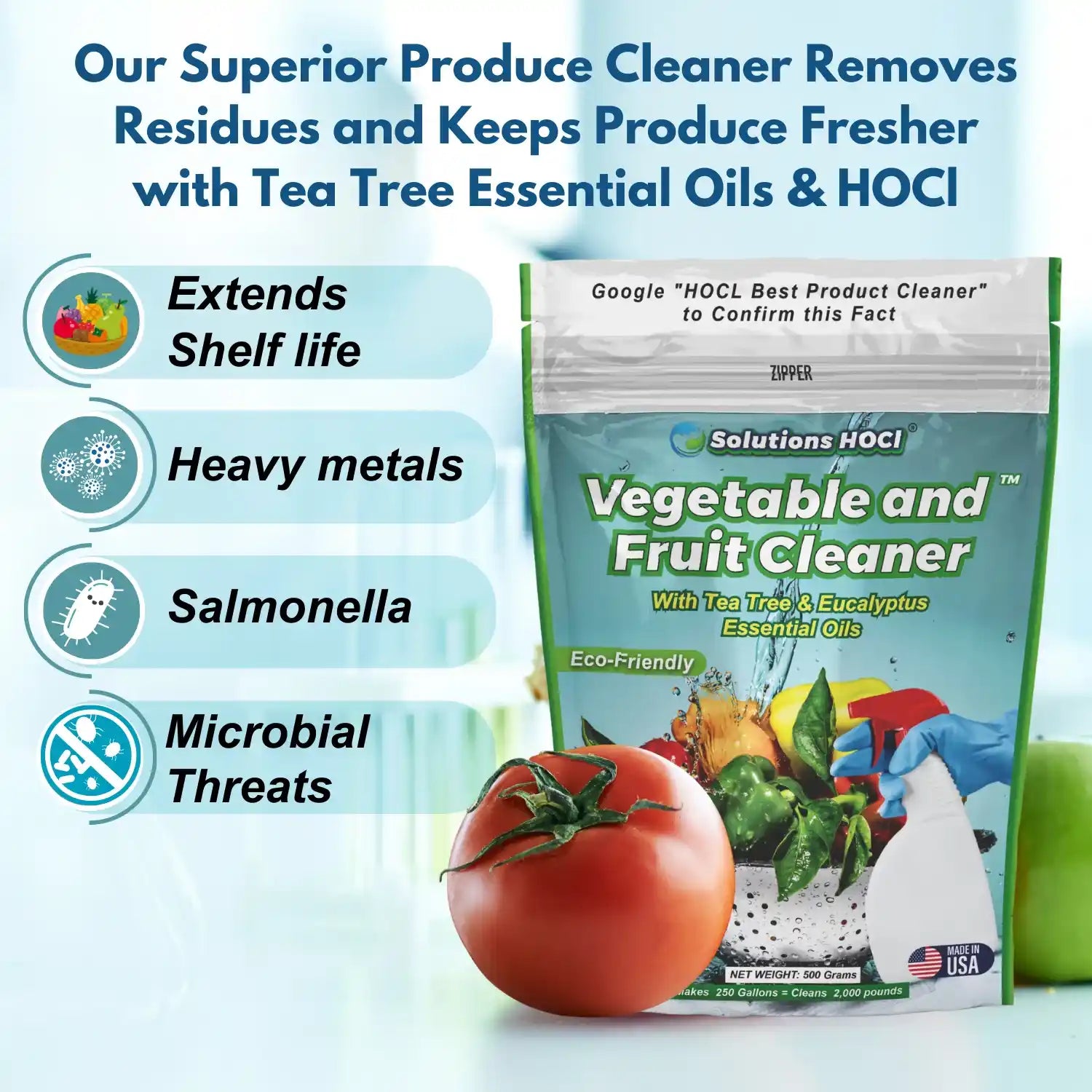 Vegetable and fruit cleaner package with tomato and cleaning tools on a light blue background