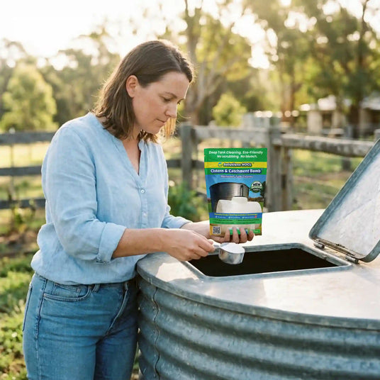 Woman pouring a product from a bag into a large metal tank with 'ECO Friendly Solutions HOCL'