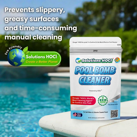 Pool bomb cleaner packaging with pool in the background