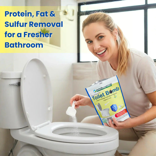 Woman using a toilet bomb cleaning product with text about protein, fat, and sulfur removal.