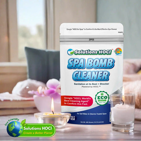 SPA BOMB CLEANER packaging with spa setting in the background