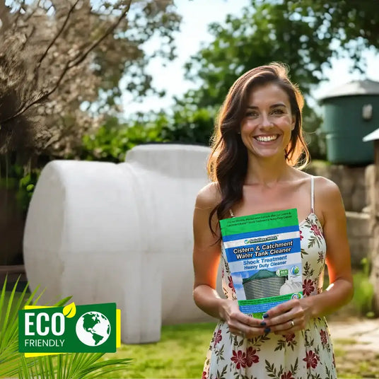 Woman holding a water treatment product with an eco-friendly label in a garden setting