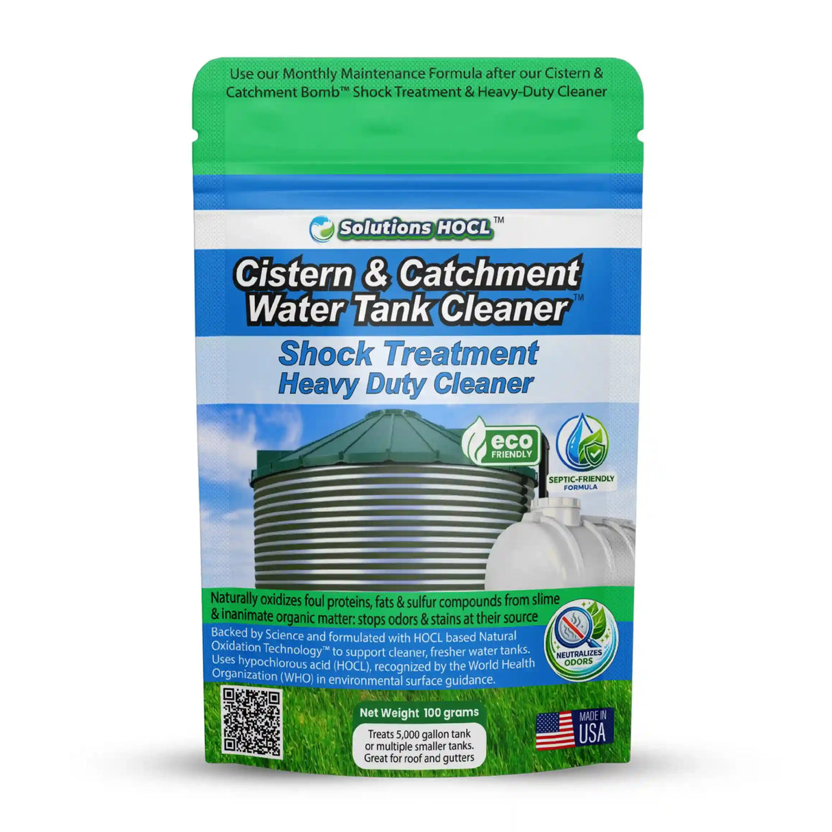 Package of Cistern & Catchment Bomb with a green and blue label on a white background