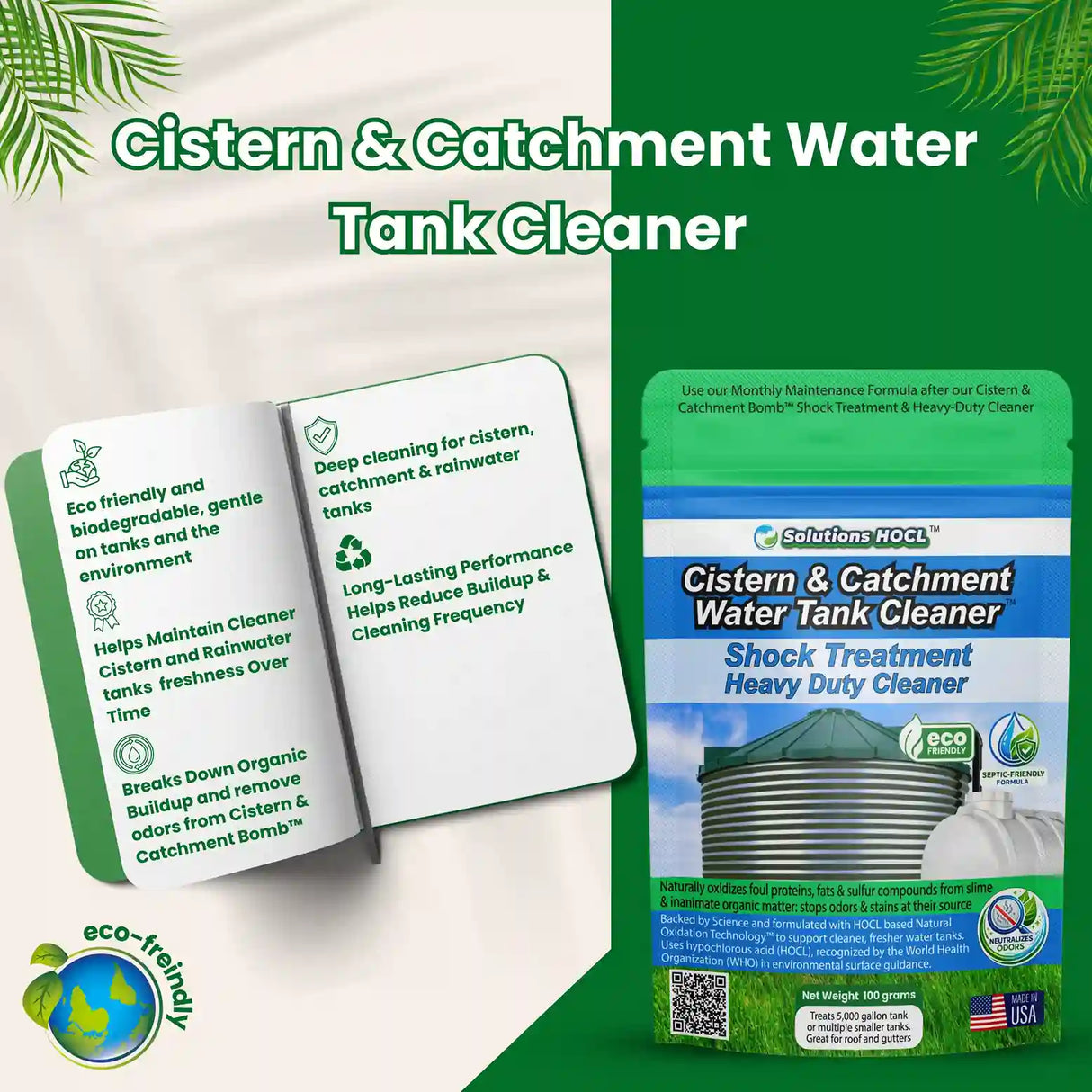 Cistern & Catchment Water Tank Cleaner packaging with text and graphics on a green background