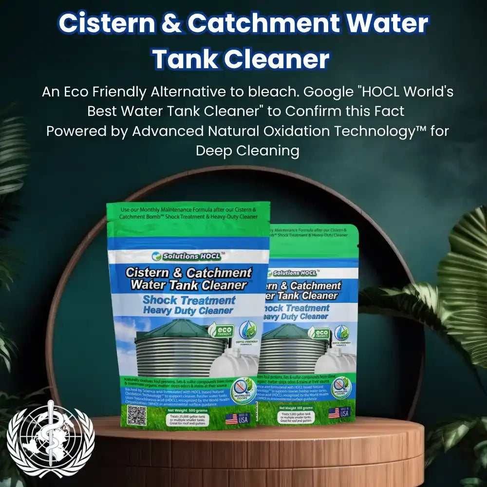 Cistern & Catchment Water Tank Cleaner packaging on a wooden stand with greenery in the background