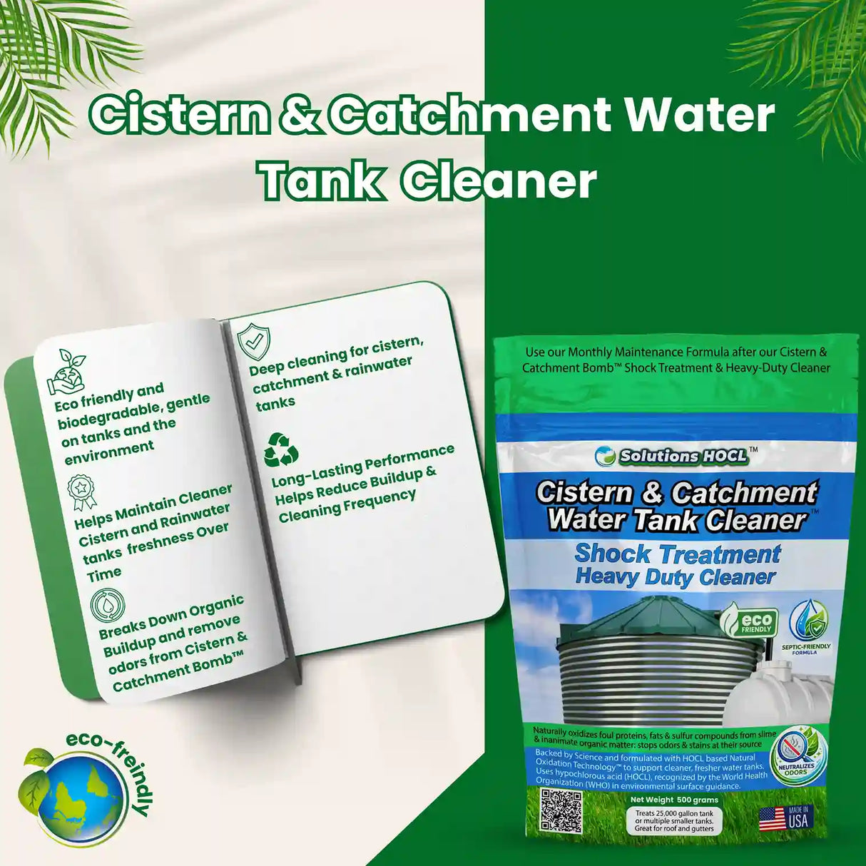 Cistern & Catchment Water Tank Cleaner packaging with text and green leaf graphics.