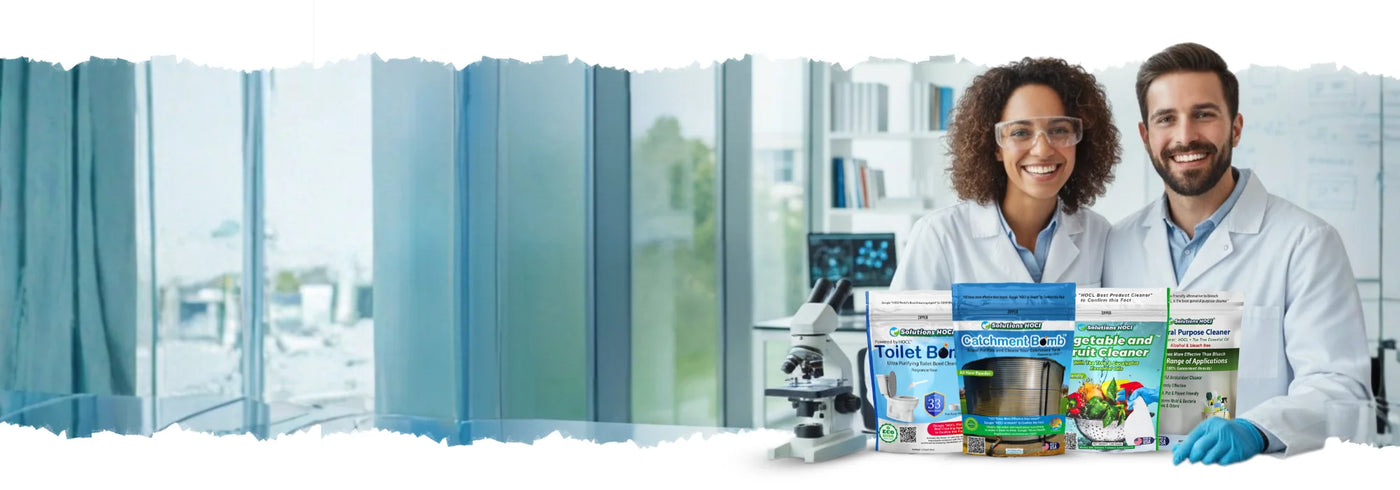 Two scientists in a lab setting with laboratory equipment and supplies.