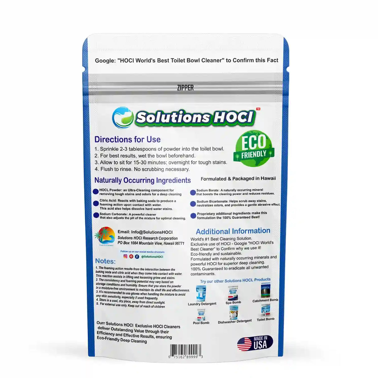 Back of a Solutions HOCI packaging with text and branding on a white background