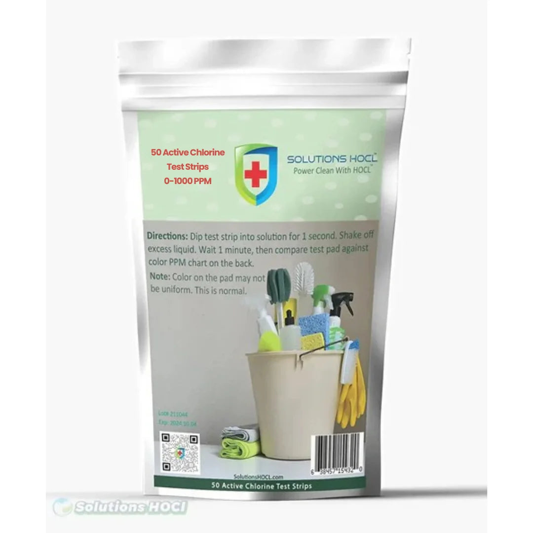 Package of Solutions HOCL chlorine test strips with cleaning supplies illustration