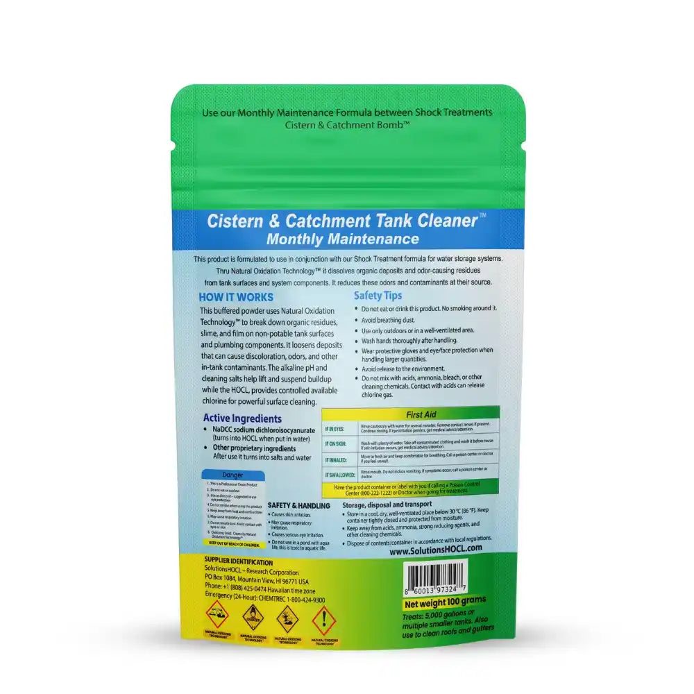Cistern and catchment tank cleaner packaging with text on a white background