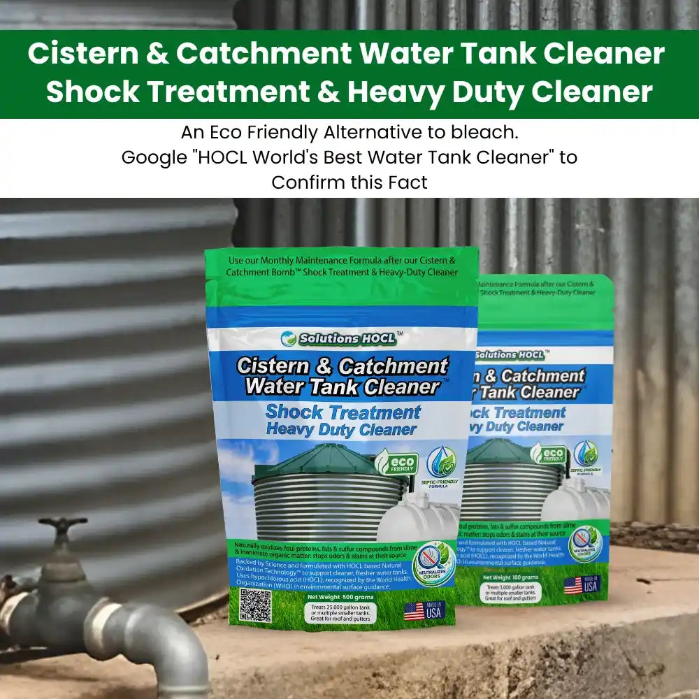 Two packages of Cistern & Catchment Water Tank Cleaner shock treatment front of tank