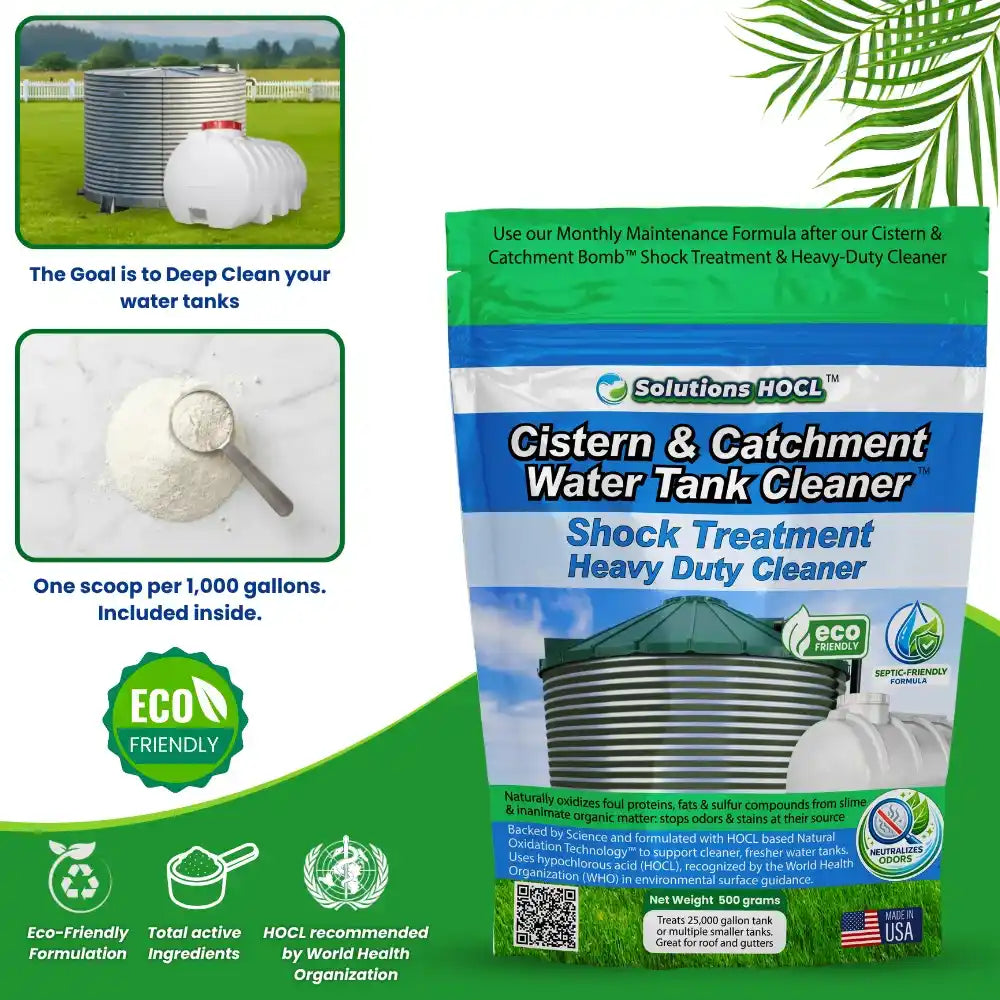 Cistern and catchment water tank cleaner packaging with text and graphics on a green background
