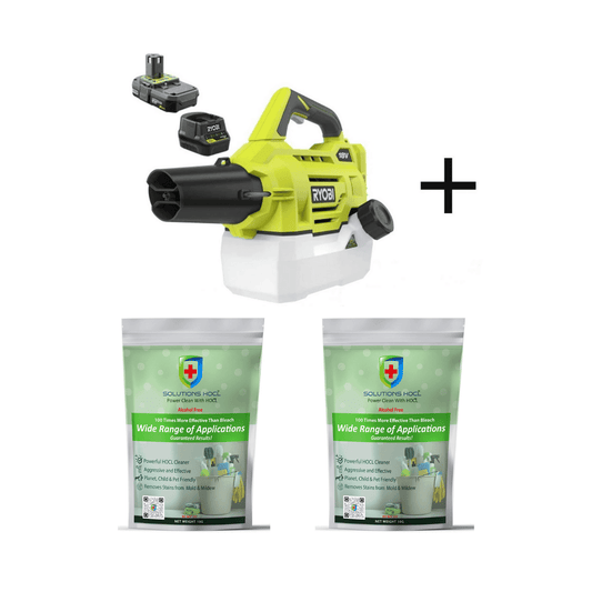 Ryobi ONE+ Cordless Fogger PLUS Two (2) Powder 10 Pack (1 gram packets total 10 g X 2) of Solutions HOCL Power Wash Formulated for Foggers