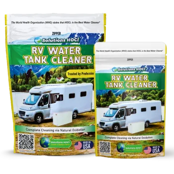 Two packages of RV Water Tank Cleaner with a camper in the background.