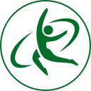 Green logo with a stylized figure of a person exercising or playing sports.